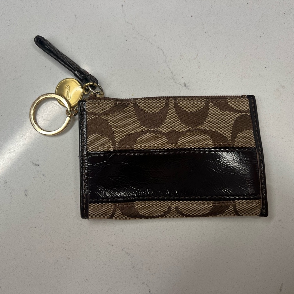 Coach Tan and Black Signature Keychain Wallet